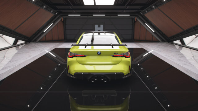 Lime Green BMW M4 Competition Rear View in Modern Studio Desktop Wallpaper