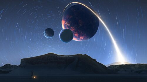 Solitary Traveler Watching a Surreal Triple Planet Celestial Alignment PC Wallpaper