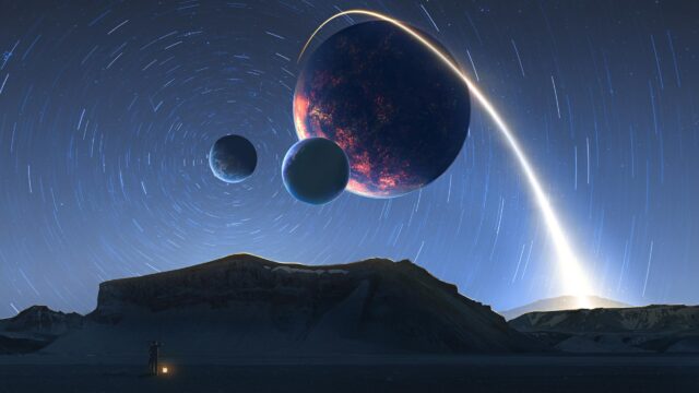 Solitary Traveler Watching a Surreal Triple Planet Celestial Alignment PC Wallpaper