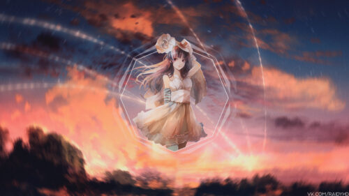 Anime Girl in Floral Dress Sunset Sky Abstract Art Desktop Wallpaper