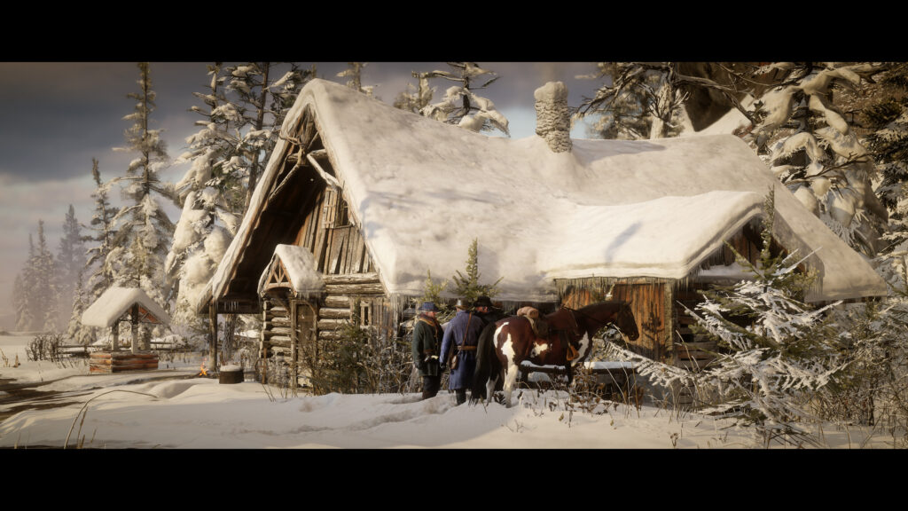 Red Dead Redemption 2 Winter Cabin and Outlaws 4K Desktop Wallpaper