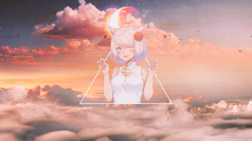 Anime Cat Girl with Halo in Dreamy Sunset Sky 4K Desktop Wallpaper