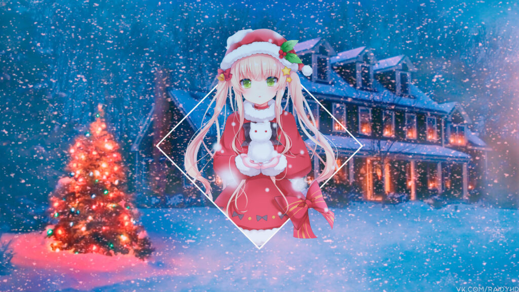 Cute Anime Girl in Santa Costume Christmas Night Desktop Wallpaper