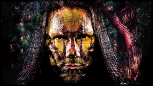 Warrior with Tribal Gold and Crimson War Paint Portrait 4K Wallpaper