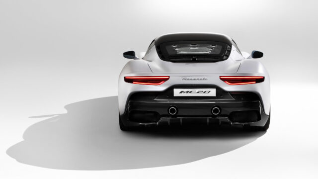 Stunning White Maserati MC20 Sports Car Rear View Desktop Wallpaper