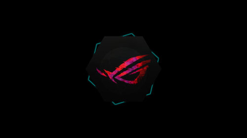 Minimalist ROG Gaming Logo with Glitch Effect on Dark Hexagonal Background 4K Wallpaper