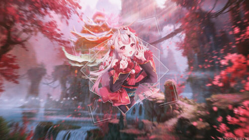 Anime Girl with Oni Horns in Enchanted Red Forest Desktop Wallpaper