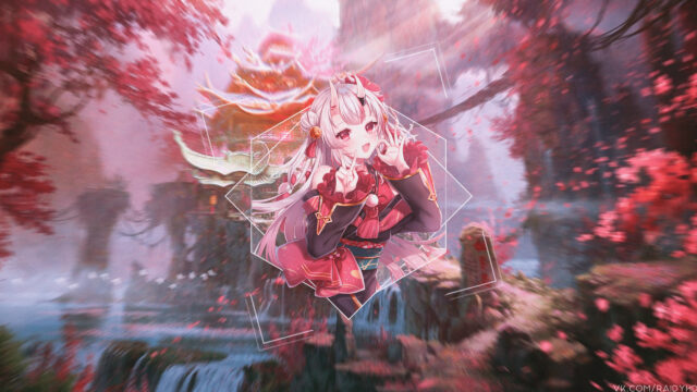 Anime Girl with Oni Horns in Enchanted Red Forest Desktop Wallpaper