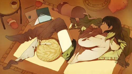 Cozy Anime Girl Sleeping with Her Cat in a Warm Bedroom Setting 4K Wallpaper