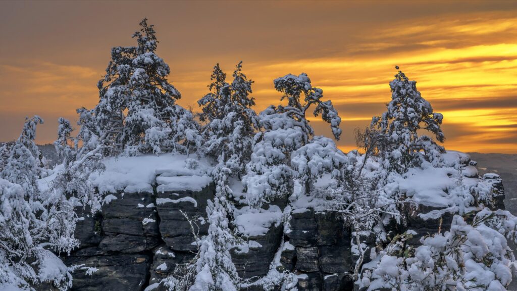 Winter Sunset Over Snowy Mountain Peaks and Pine Trees Desktop Wallpaper