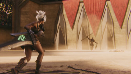 Riven and Darius League of Legends Arena Cinematic Battle 4K Desktop Wallpaper