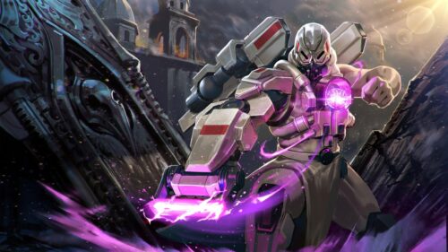Armored Futuristic Warrior with Glowing Purple Energy Blade 4K PC Wallpaper