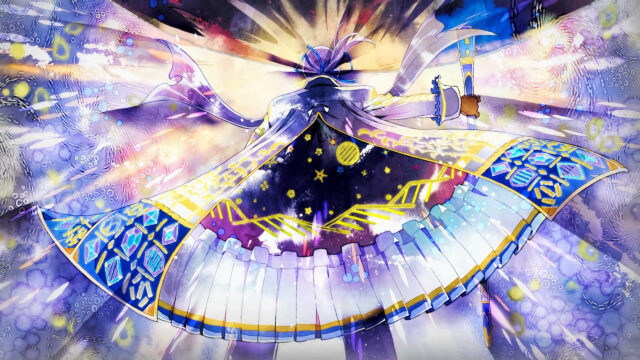Anime Character in Cosmic Celestial Robes Overlooking Galaxy Desktop Wallpaper
