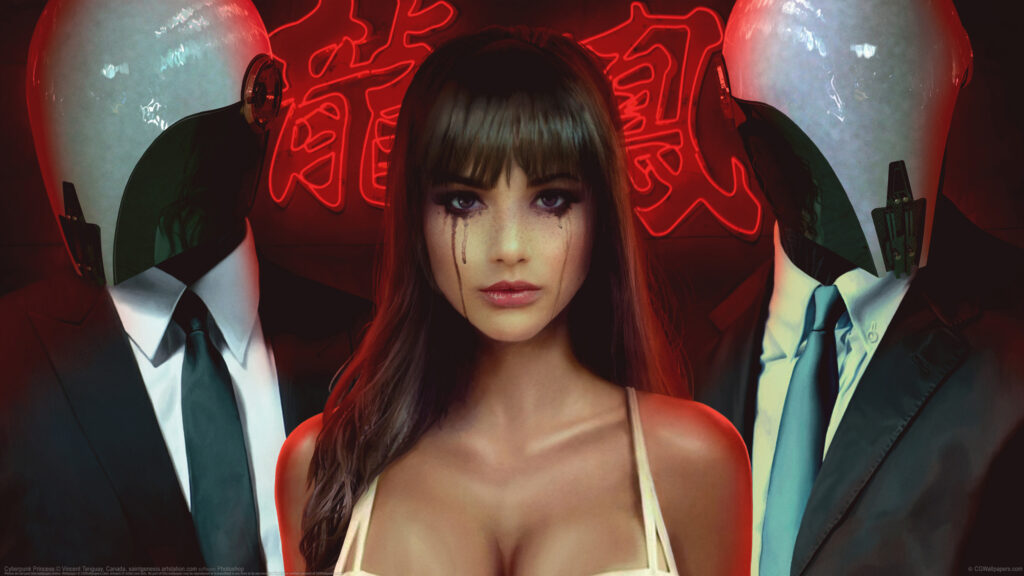 Cyberpunk Princess with Robot Bodyguards Cinematic Art Desktop Wallpaper