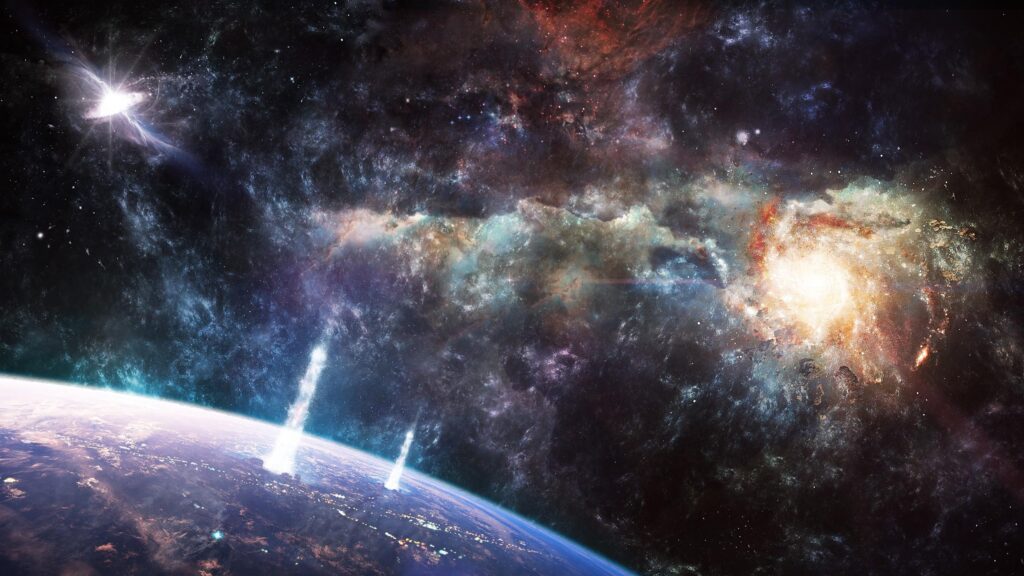 Stunning Sci-Fi Planet Surface with Galactic Impacts 4K Desktop Wallpaper