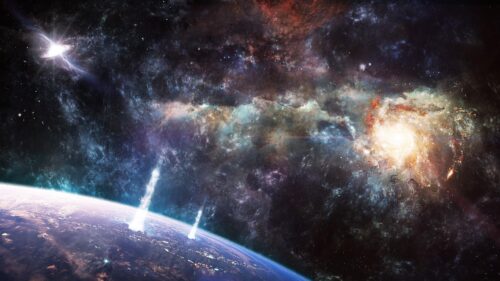 Stunning Sci-Fi Planet Surface with Galactic Impacts 4K Desktop Wallpaper