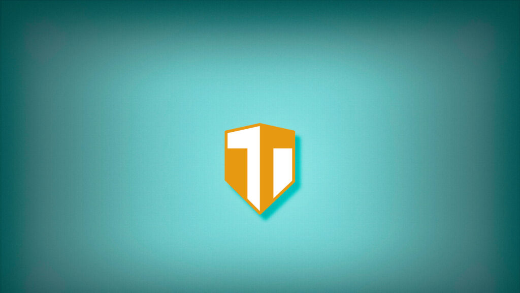 Minimalist Orange Shield with T Letter Logo on Teal Grid Desktop Wallpaper