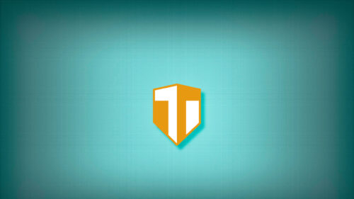 Minimalist Orange Shield with T Letter Logo on Teal Grid Desktop Wallpaper