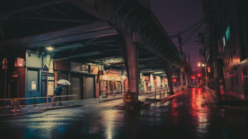 Rainy Night Under Elevated Train Tracks Tokyo Street Scene 4K Wallpaper