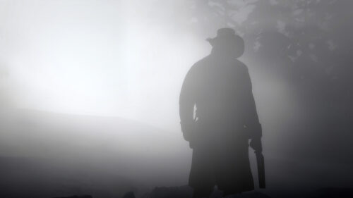 Arthur Morgan Silhouette in Red Dead Redemption 2 Foggy Landscape PC Wallpaper