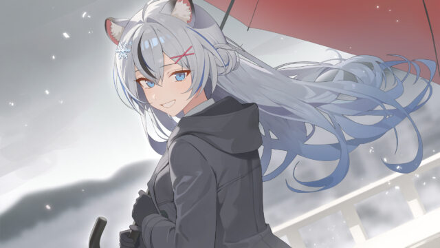Anime Girl with Silver Hair in Snowy Weather Desktop Wallpaper