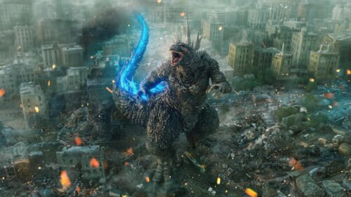 Godzilla Minus One Roaring Amidst City Destruction 4K PC Wallpaper