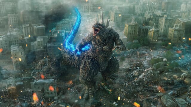 Godzilla Minus One Roaring Amidst City Destruction 4K PC Wallpaper