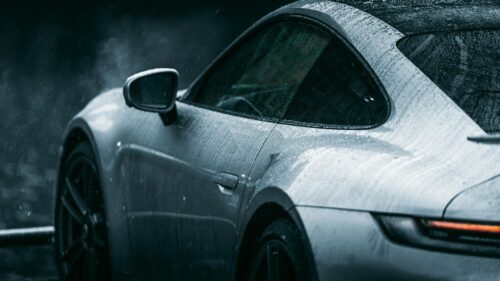Sleek Silver Porsche Sports Car in Rain 4K Desktop Wallpaper