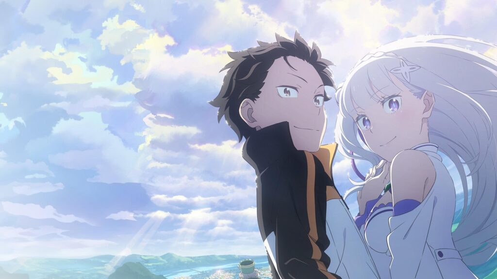 Subaru and Emilia Anime Couple Under a Dreamy Sky 4K Desktop Wallpaper