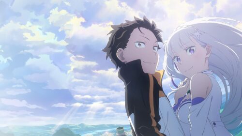 Subaru and Emilia Anime Couple Under a Dreamy Sky 4K Desktop Wallpaper