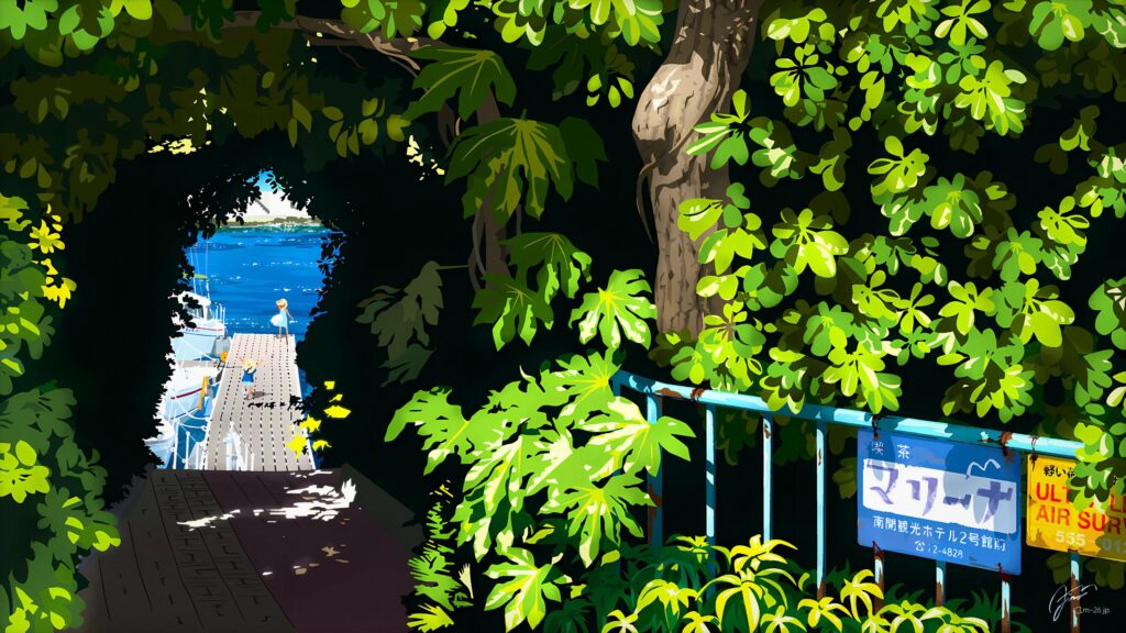 Anime Style Lakeside Pier Summer Day Scenery 4K Desktop Wallpaper