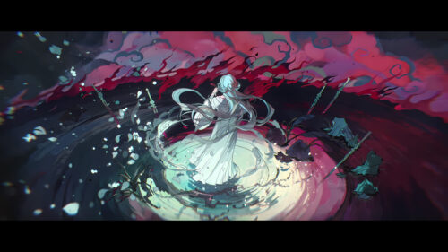 Anime Character Standing in Mystical Water with Floating Blades 4K Desktop Wallpaper