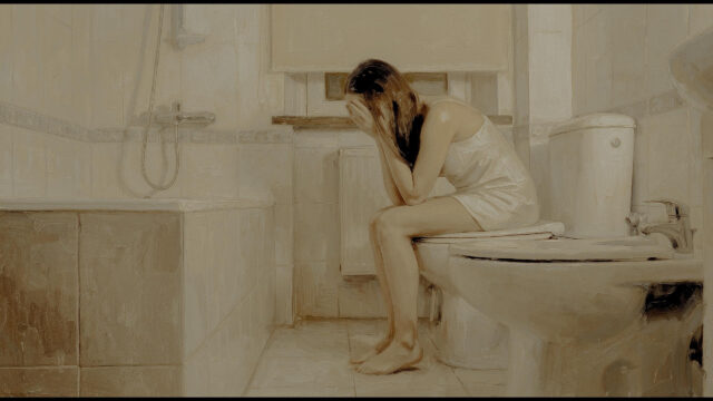Sad Woman Sitting in Bathroom Monochrome Art 4K Desktop Wallpaper