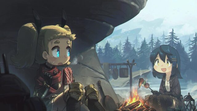 Anime Girls Camping by a Campfire in a Mountain Landscape 4K Desktop Wallpaper