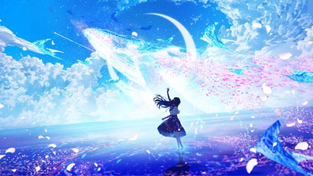Anime Girl Standing Beneath a Magical Cosmic Whale Sky 4K Desktop Wallpaper