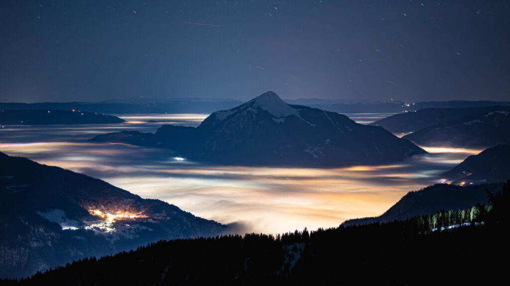 Majestic Mountain Peak Above Sea of Clouds Night Landscape Desktop Wallpaper
