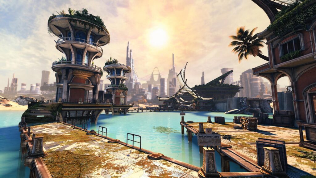 Futuristic Coastal Cityscape with Tropical Architecture Desktop Wallpaper