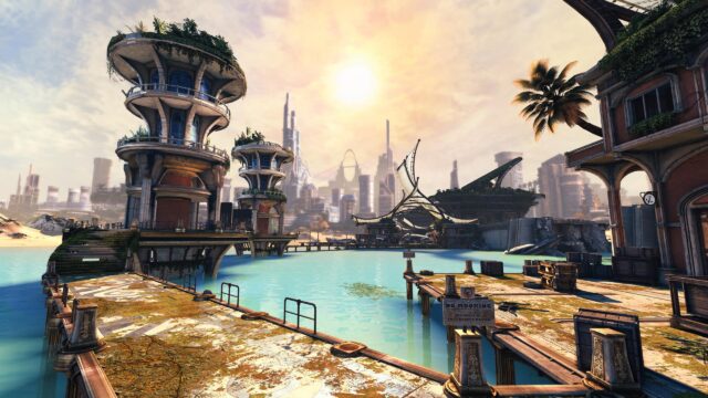 Futuristic Coastal Cityscape with Tropical Architecture Desktop Wallpaper