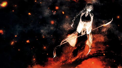 Anime Girl with Glaive in Fiery Dark Atmosphere Desktop Wallpaper