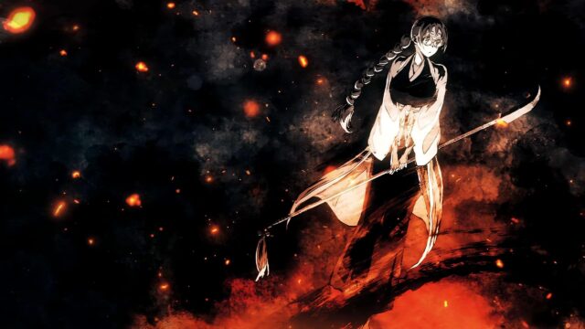 Anime Girl with Glaive in Fiery Dark Atmosphere Desktop Wallpaper