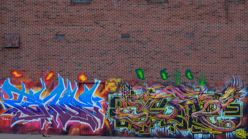 Vibrant Urban Graffiti Dragon and Abstract Street Art Mural Desktop Wallpaper