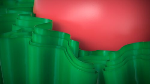 Abstract 3D Green Waves and Red Sphere Minimalist Desktop Wallpaper
