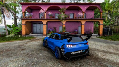 Modified Ford Mustang Mach E 1400 in Tropical Villa Setting 4K Desktop Wallpaper