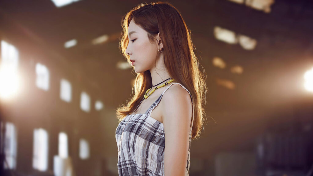 Taeyeon Profile Side View in Plaid Dress Aesthetic 4K Desktop Wallpaper