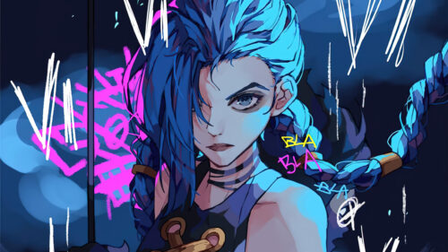 Jinx Arcane LoL Digital Art Blue Hair Neon Aesthetic 4K Desktop Wallpaper