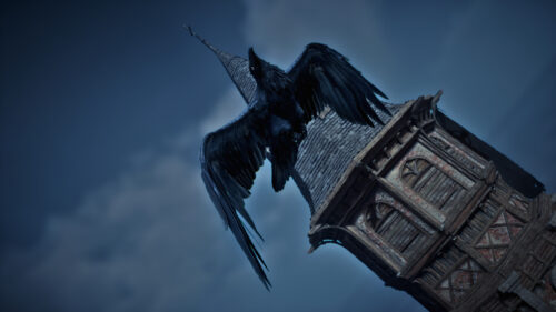 Gothic Raven Flying Above Ancient Wooden Tower 4K Desktop Wallpaper