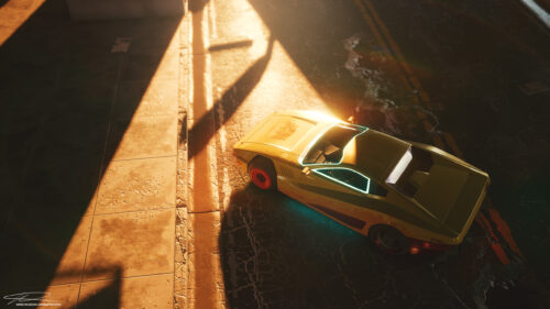 Cyberpunk Yellow Sports Car Sunset Street View Desktop Wallpaper