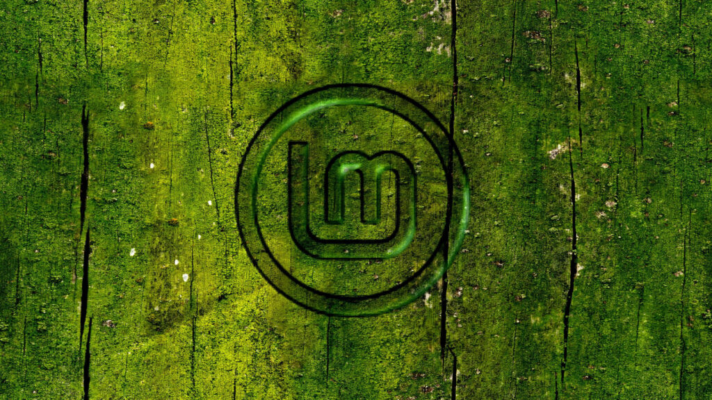 Linux Mint Logo Embossed on Mossy Wood Texture 4K Desktop Wallpaper
