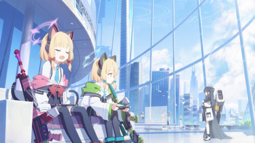 Anime Girls Gaming in Futuristic Cityscape Desktop Wallpaper
