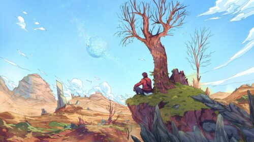 Anime Boy Watching Shattered Planet in Desert Landscape PC Wallpaper